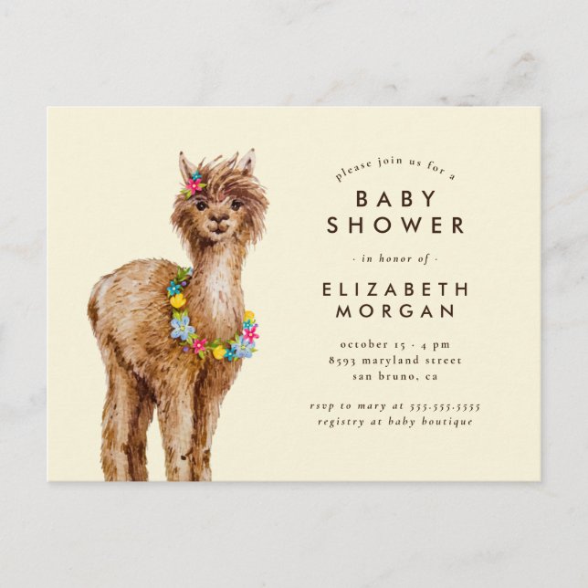 Postal De Invitación Whimsical Tropical Watercolor Alpaca Baby Shower (Anverso)