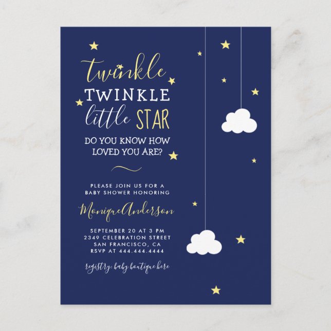 Postal De Invitación Whimsical Twinkle Twinkle Little Star Baby Shower (Anverso)