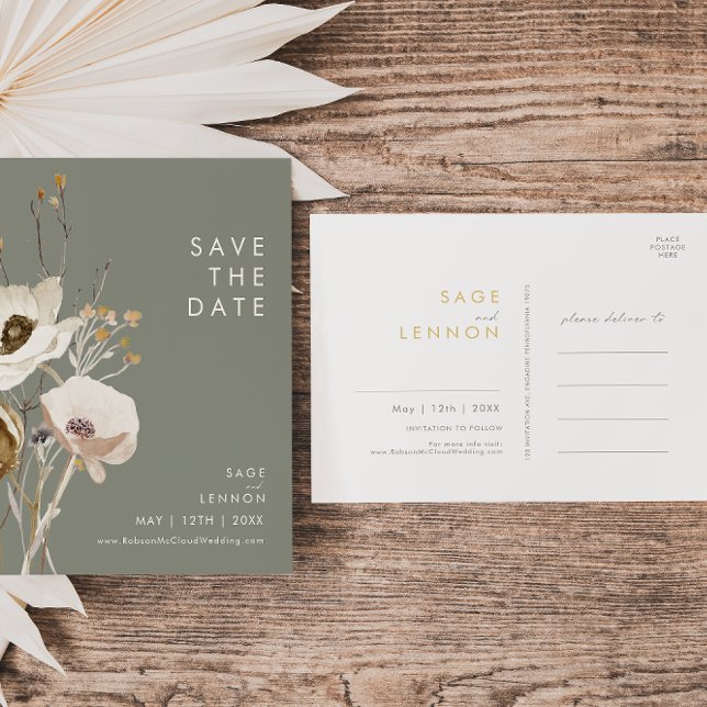 Postal De Invitación Whimsical Wildflower Sage Green Save the Date (Subido por el creador)