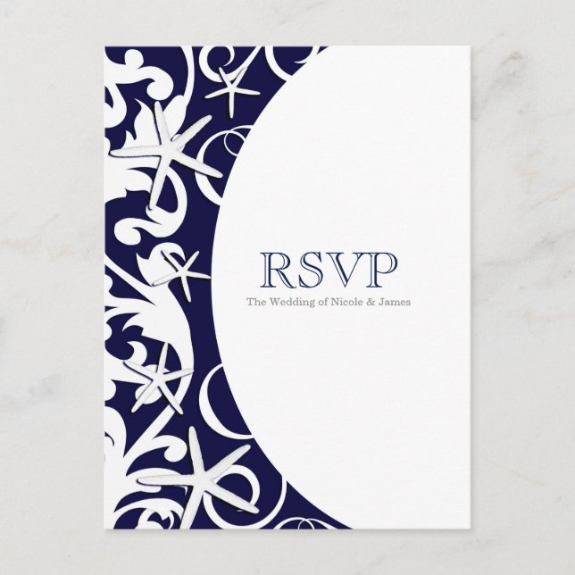 Postal De Invitación White Starfish Blue Beach Elegant Wedding RSVP (Anverso)