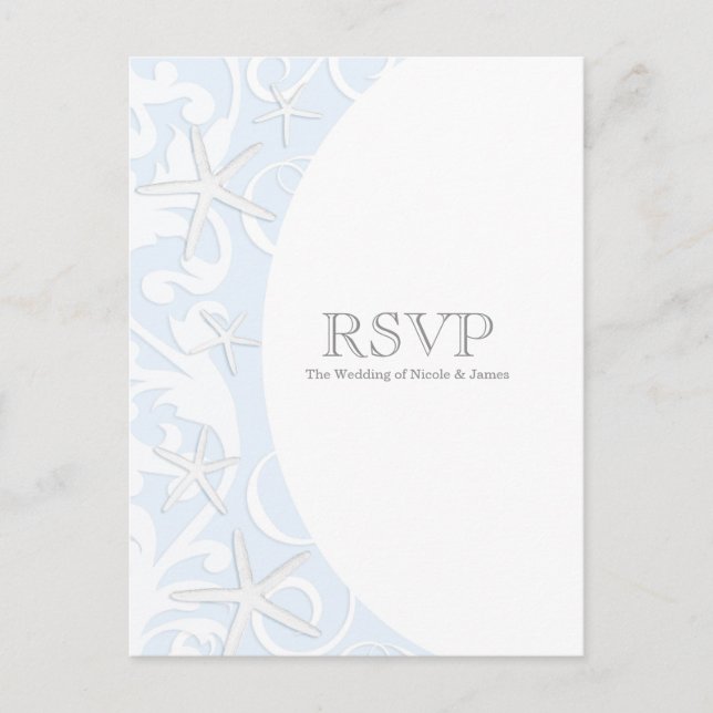 Postal De Invitación White Starfish Blue Beach Elegant Wedding RSVP (Anverso)