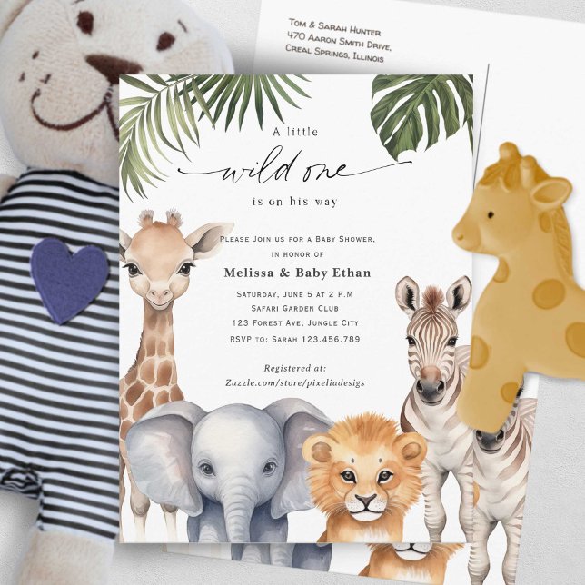 Postal De Invitación Wild One Baby Shower Safari Baby Animales (Wild One Safari Baby Animals, Baby Boy Shower. A wild One is on Her way, A Cute Baby Shower invite.)