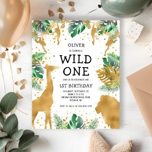 Postal De Invitación Wild One Jungle Safari Cumpleaños 1st Dorado Verde