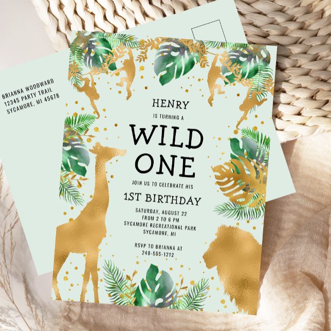 Postal De Invitación Wild One Jungle Safari Cumpleaños Verde 1 (Subido por el creador)