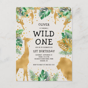 Postal De Invitación Wild One Safari Primer cumpleaños Green Gold Ecru