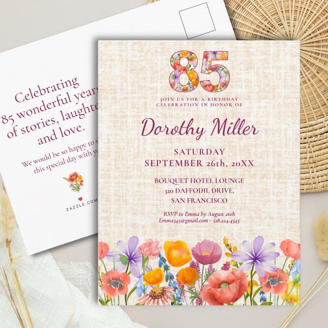 Postal De Invitación Wildflower 85th Birthday for Her - Floral Number (Subido por el creador)