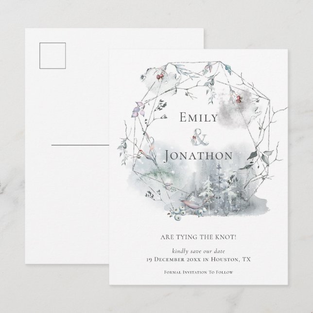 Postal De Invitación Winter Foliage Names Wedding Save The Date (Anverso / Reverso)