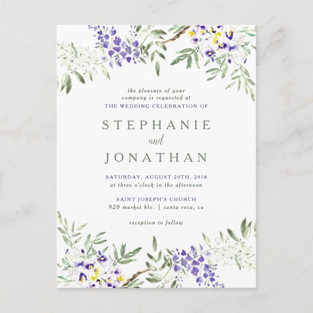 Postal De Invitación Wisteria elegante Floral Wreath Boda (Anverso)