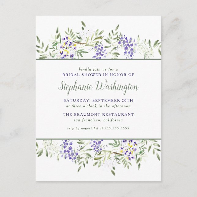 Postal De Invitación Wisteria Púrpura Acuarela Floral Bridal Shower (Anverso)