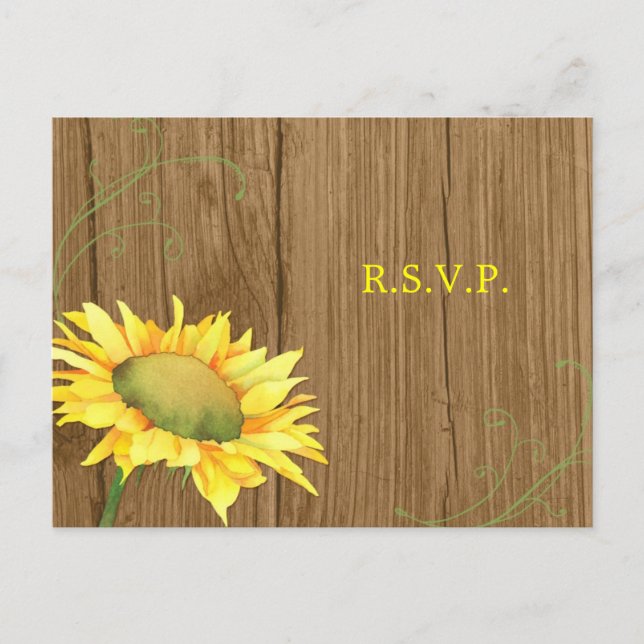 Postal De Invitación Wood Grain Sunflower Wedding RSVP (Anverso)