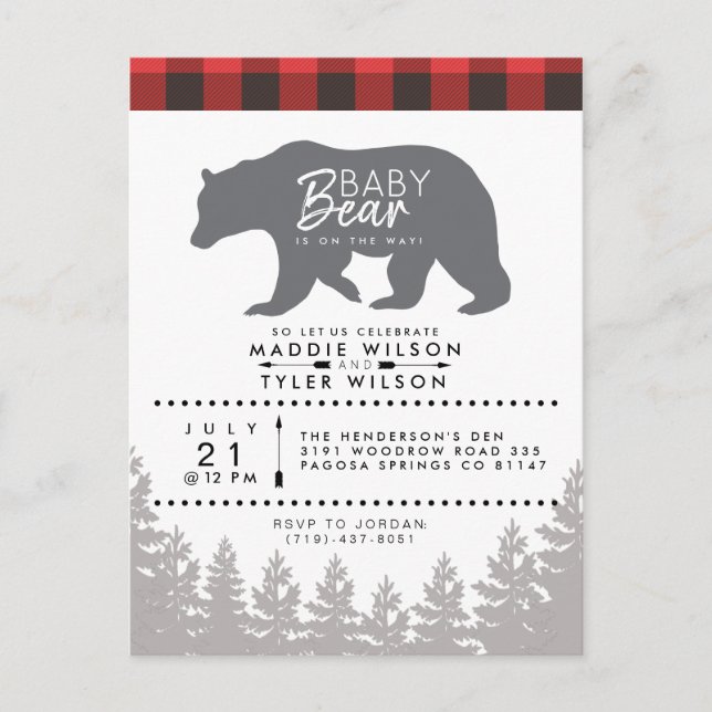 Postal De Invitación Woodland Baby Bear | Rústico Lumberjack Baby Showe (Anverso)