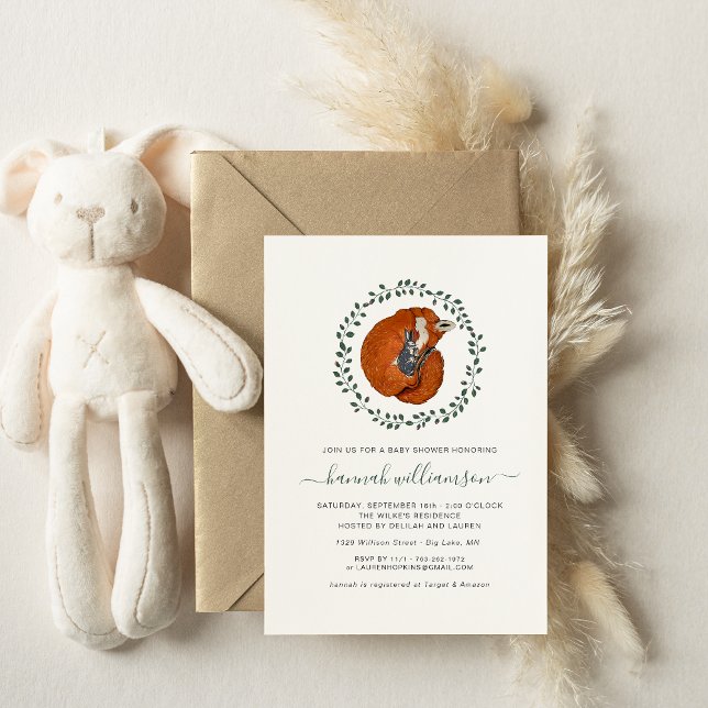 Postal De Invitación Woodland Fox & Hare | Baby Shower forestal (Subido por el creador)