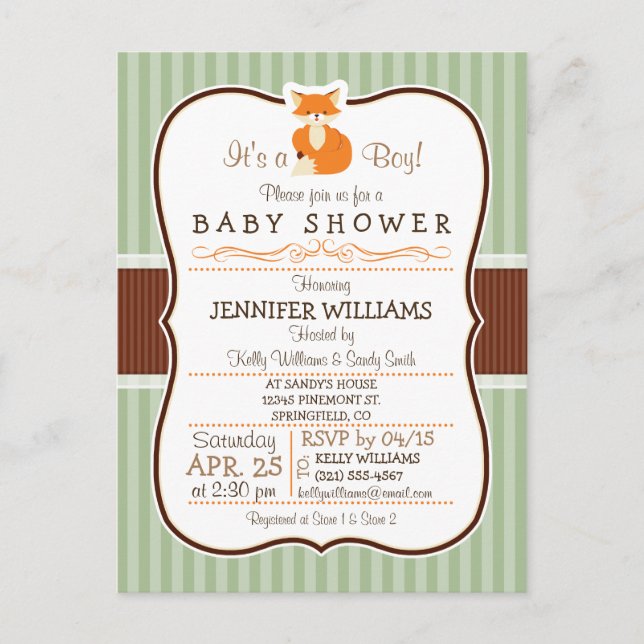 Postal De Invitación Woodland Fox; Naranja, Sage, Brown Baby Shower (Anverso)