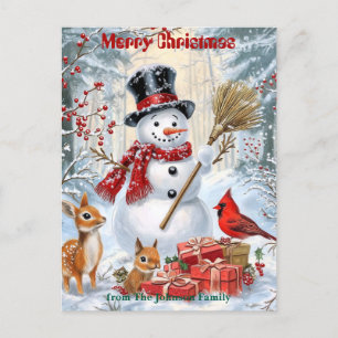 Postal De Invitación Woodland Snowman Navidades familiares personaliz