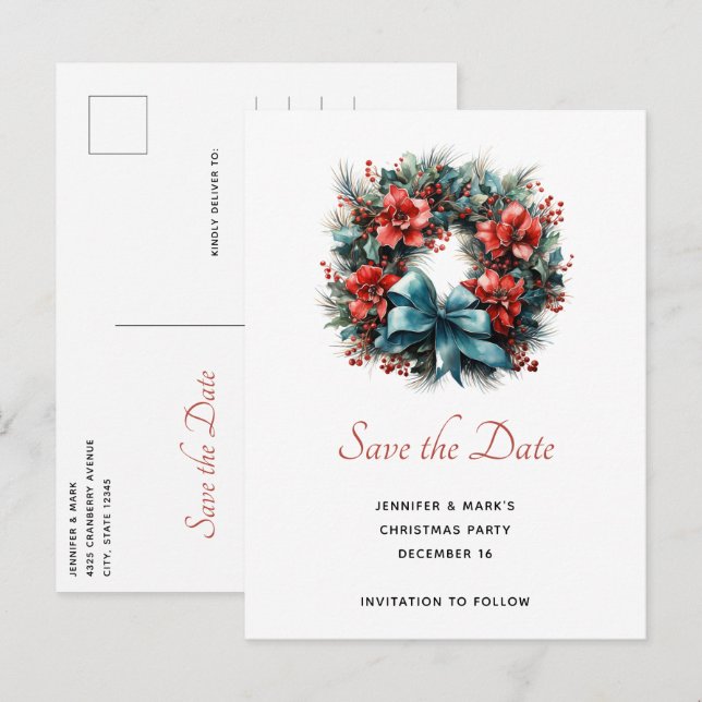 Postal De Invitación Wreath de Pine con Navidades Holly Save the Date (Anverso / Reverso)