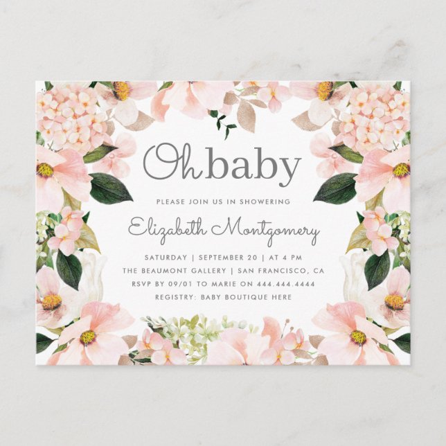 Postal De Invitación Wreath floral de Rubor Spring Oh Baby Shower (Anverso)