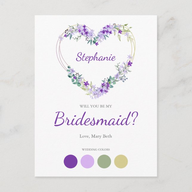 Postal De Invitación Wreath Heart in Purple Shades Bridesmaids Proposal (Anverso)