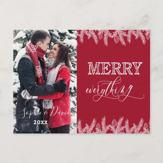 Postal De Invitación Xmas Merry Everything Typography Gold Pine Photo (Anverso)