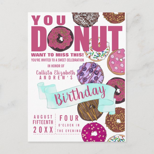 Postal De Invitación Yummy Cute Rosa Donuts Verde azulados acuarela Cum (Anverso)