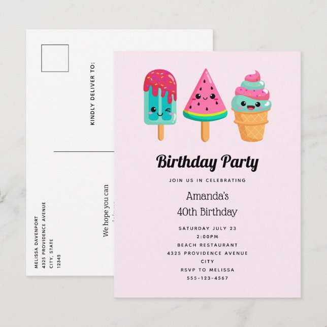 Postal De Invitación Yummy Ice Cream Triam Vibe de verano Cumpleaños (Anverso / Reverso)