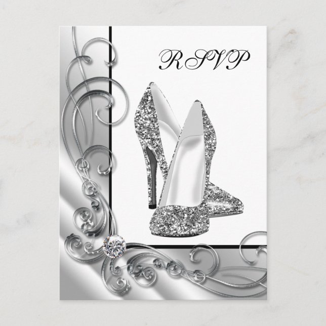 Postal De Invitación Zapato de tacón alto con brillo de plata RSVP (Anverso)