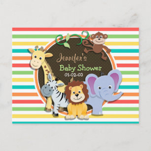Postal De Invitación Zoo Animals Baby Shower, franjas de arcoiris brill