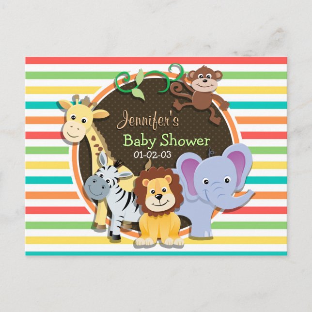 Postal De Invitación Zoo Animals Baby Shower, franjas de arcoiris brill (Anverso)