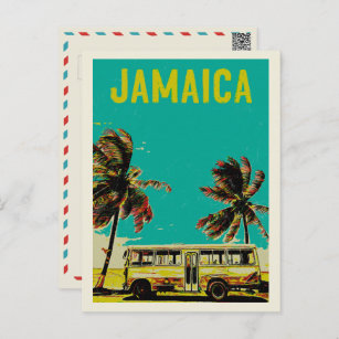 postal de Jamaica, bus y palmeras