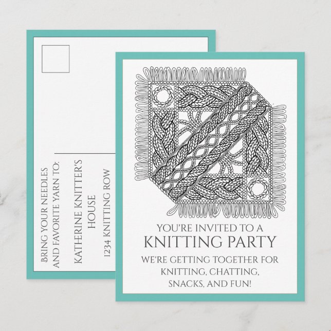 Postal de KNIT de CABLE verde azulado + texto (Anverso / Reverso)