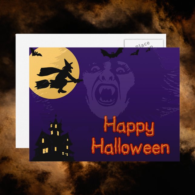 Postal de la casa bruja, vampiro y embrujada (Witch, Vampire and Haunted House Postcard)