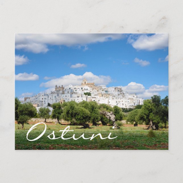 postal de la ciudad blanca de Ostuni y los olivos (Anverso)
