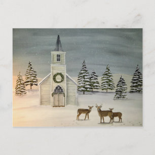 Postal de la escena de invierno de Iglesia y cierv