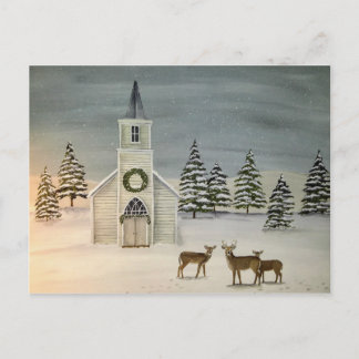 Postal de la escena de invierno de Iglesia y cierv
