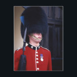 Postal de la Guardia del Palacio de Londres<br><div class="desc">Guardia del palacio de Londres parada pacientemente con su gorra esponjoso. Fotografía de Kalpana Kartik,  París,  Francia.</div>