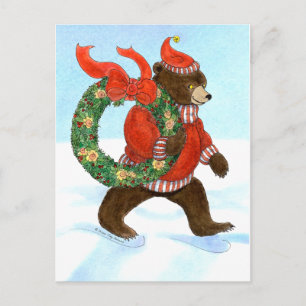 Postal de la guirnalda del navidad del oso de