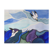 Postal de la pintura de Gannets del salto