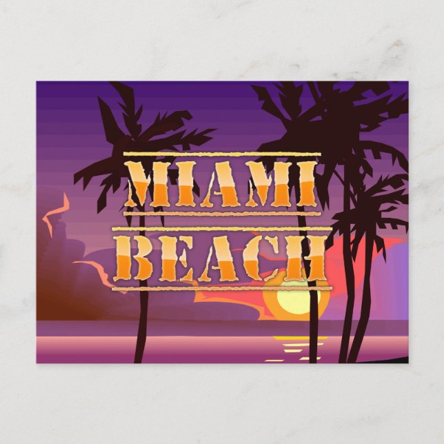 Postal de la salida del sol y palmeras de Miami Be (Anverso)