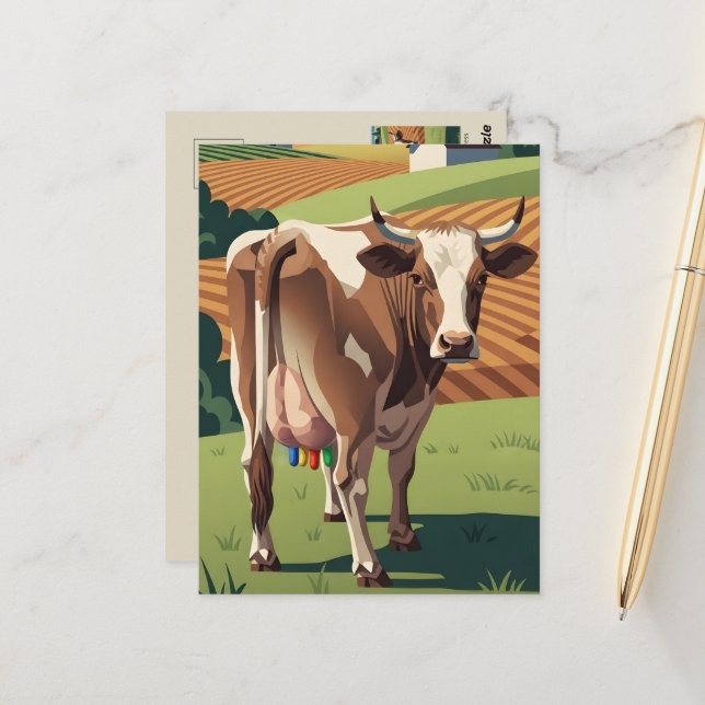 Postal de la Vaca Divertida al Estilo WPA (Anverso/Reverso In Situ)