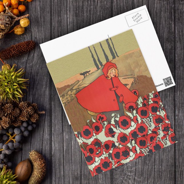 Postal de los Cogones Rojos (Little Red Riding Hood in red poppy flowers with wolf on fairy tale postcard.)