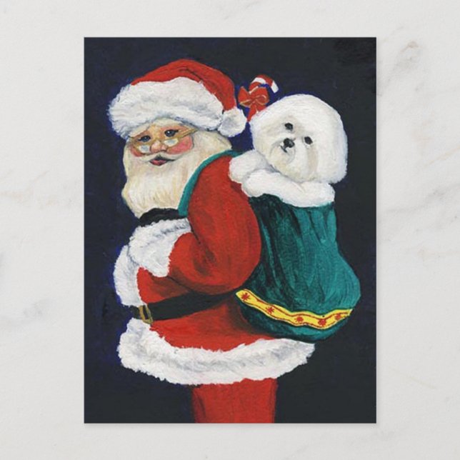 Postal de los Navidades de Bichon Frise y Santa Ar (Anverso)