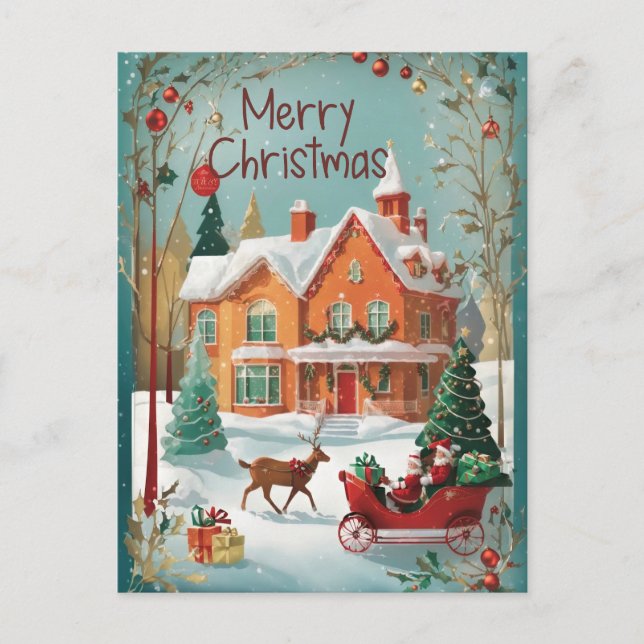 Postal de los Navidades de Santa Sleigh verde rojo (Anverso)