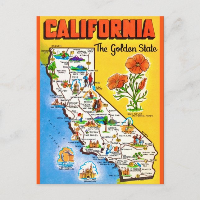 Postal de mapa de estado dorado de California (Anverso)