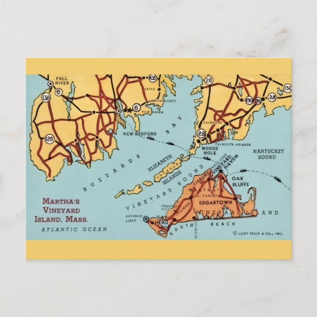 Postal de mapa de la costa de Martha's Vineyard (Anverso)