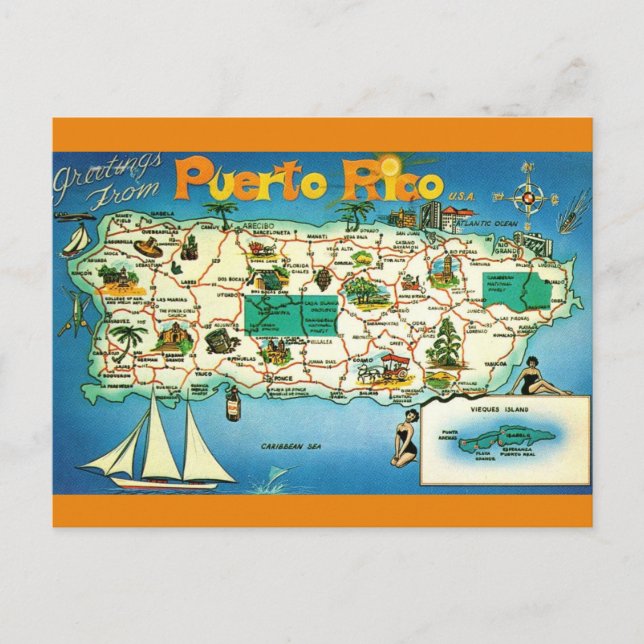 Postal de mapa de las Islas Vieques de Puerto Rico (Anverso)