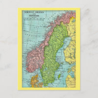 Postal de mapa de Noruega, Suecia y Dinamarca