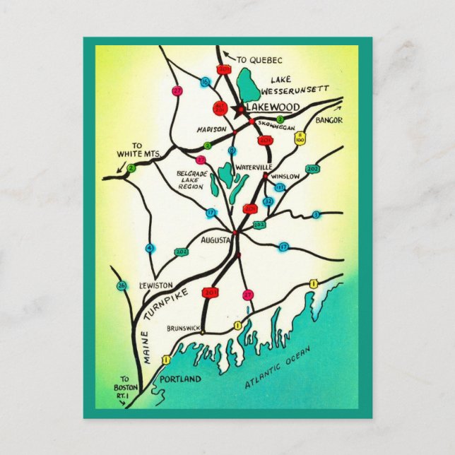 Postal de mapa de Portland a Lakeview ME (Anverso)