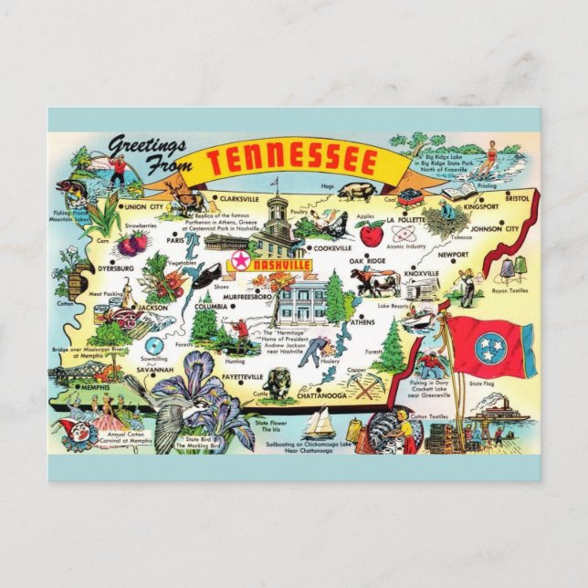 Postal de mapa de Tennessee de época (Anverso)