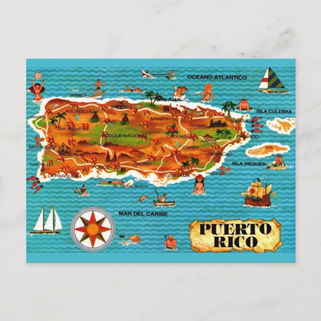 Postal de mapa español ilustrado de Puerto Rico (Anverso)