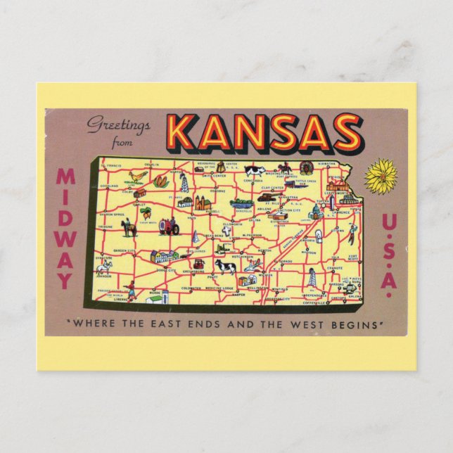 Postal de mapa estatal de Kansas (Anverso)