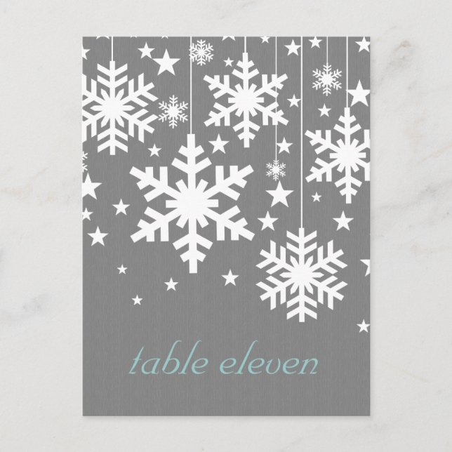 Postal de mesa de copos de nieve y estrellas, gris (Anverso)